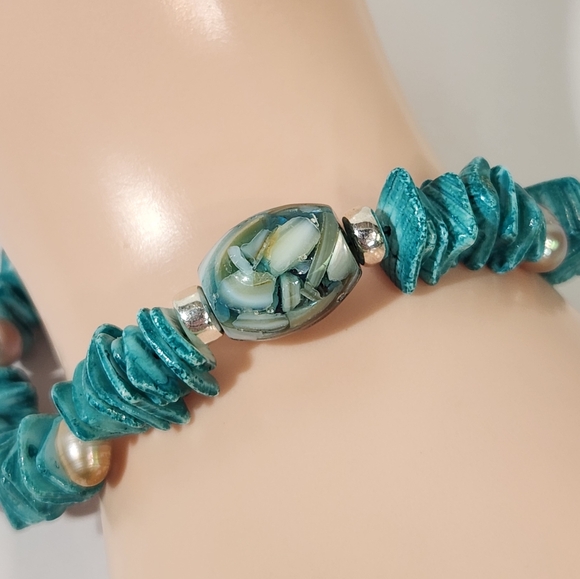 "Ocean Dreams" Bracelet With Sterling, Turquoise Shells, Freshwater Pearls & MOP - Picture 5 of 12